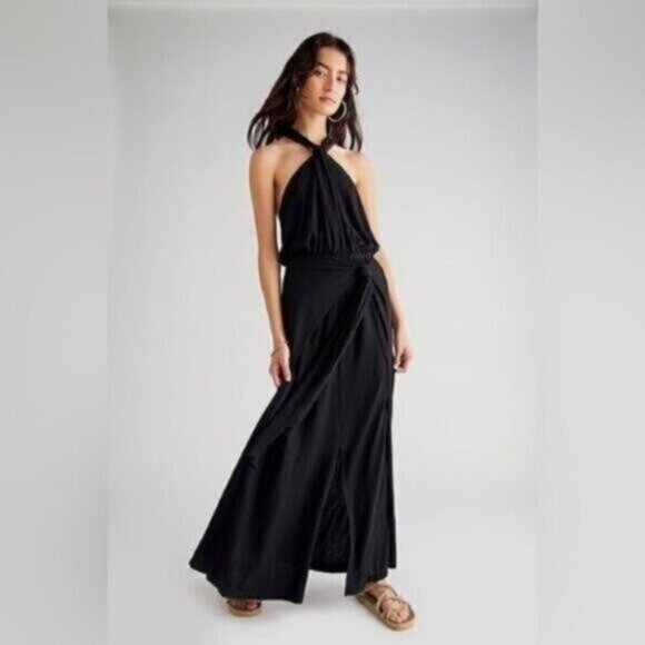 Free People Beach Maxi Golden Days Boho Feminine Faux Wrap Slit Halter Dress - Picture 1 of 11
